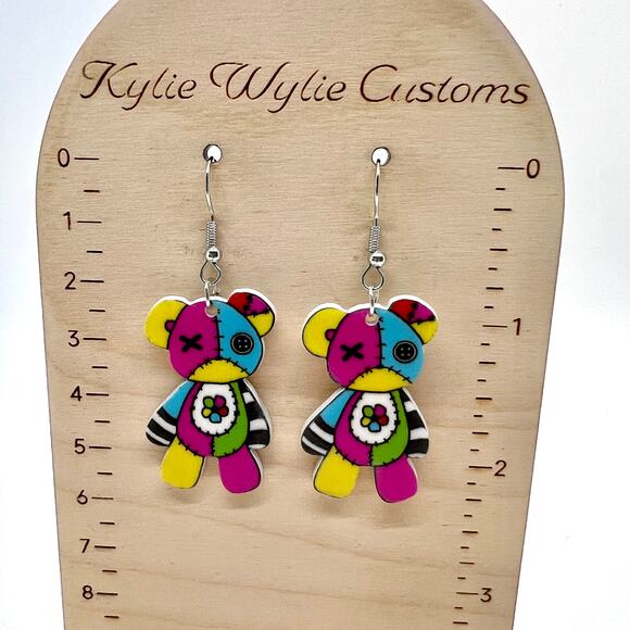 Patchwork Bear Earrings - Halloween Earrings - Punk Earrings - Teddy Bear Earrin - Picture 7 of 7